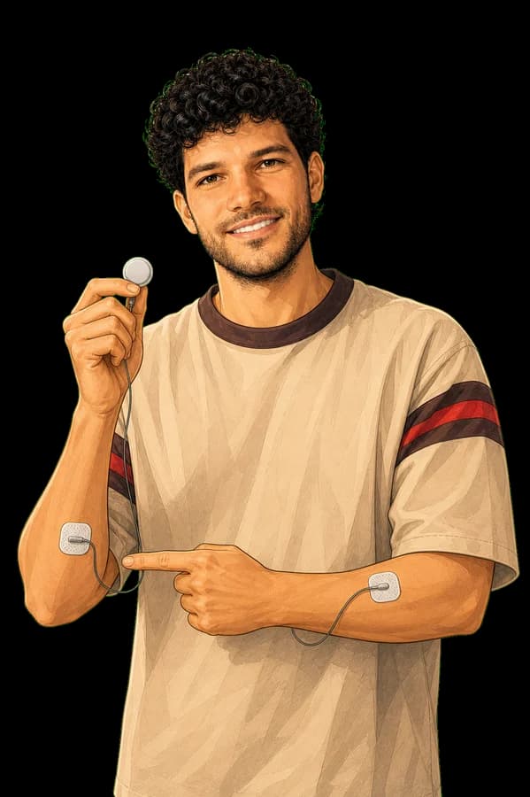 Ilustración de Santiago Fernández Scagliusi sosteniendo un sensor wearable biomédico