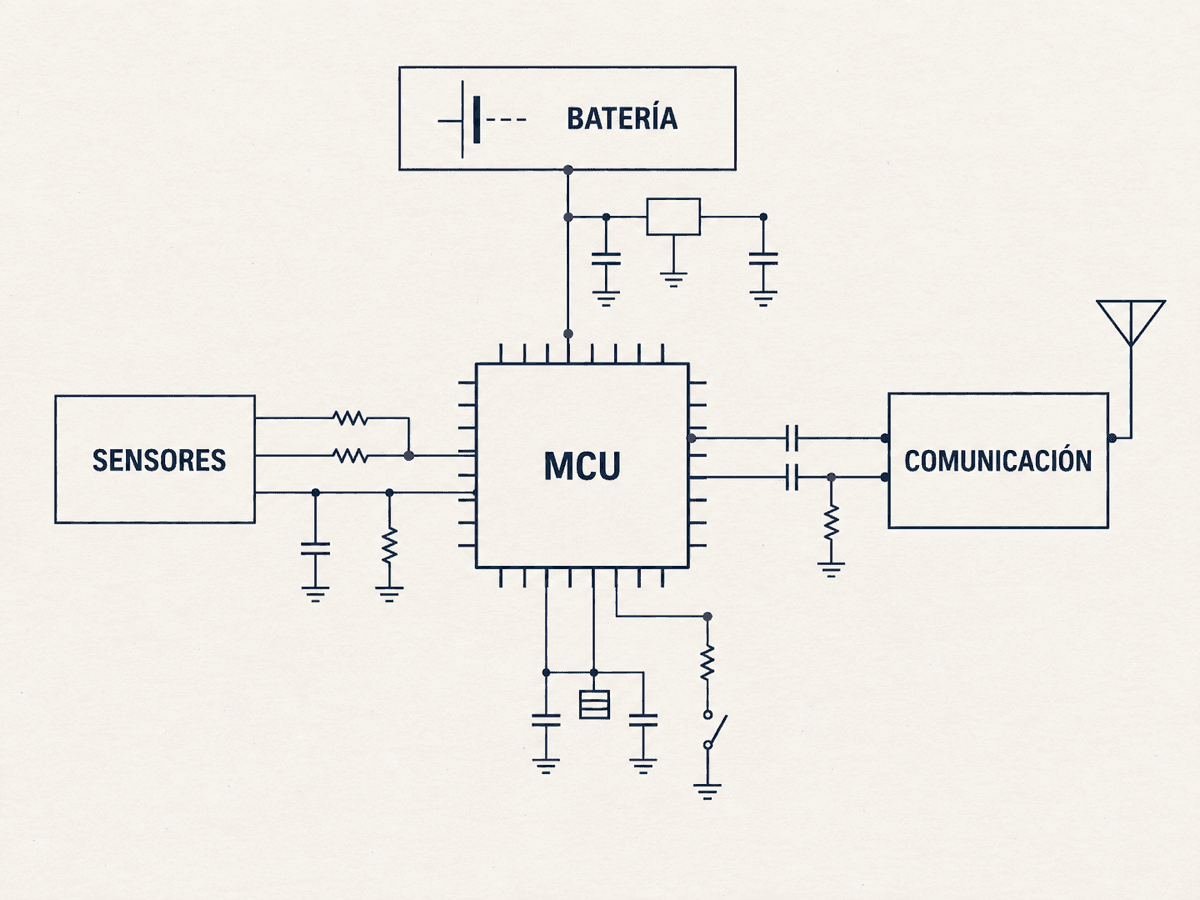 Arquitectura electrónica de un wearable con batería, sensores, microcontrolador y comunicación