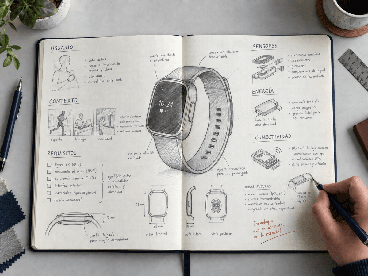 Cuaderno de diseño de un wearable con usuario, contexto y requisitos
