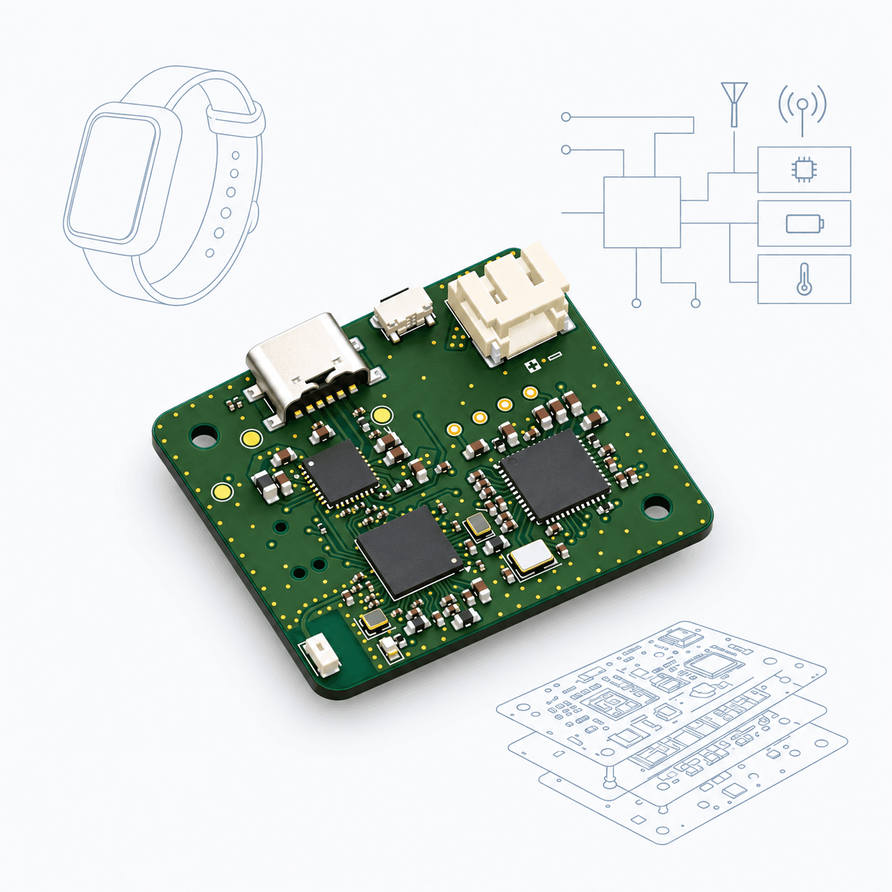 Ilustración de una PCB con bocetos del wearable, su arquitectura electrónica y las capas de la placa