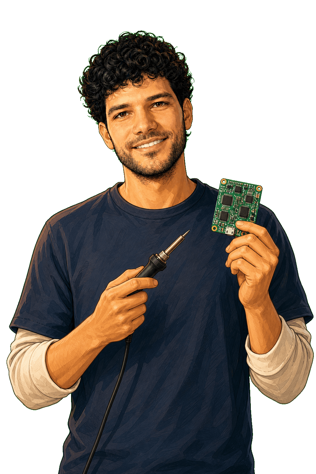 Ilustración de Santiago trabajando en una placa electrónica